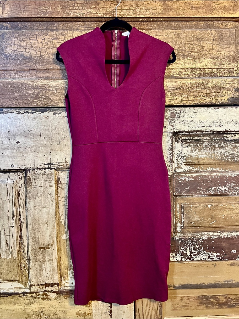 Rollacoaster Burgundy Sheath Midi Dress | Gold Zip Back | Sleeveless | Size L